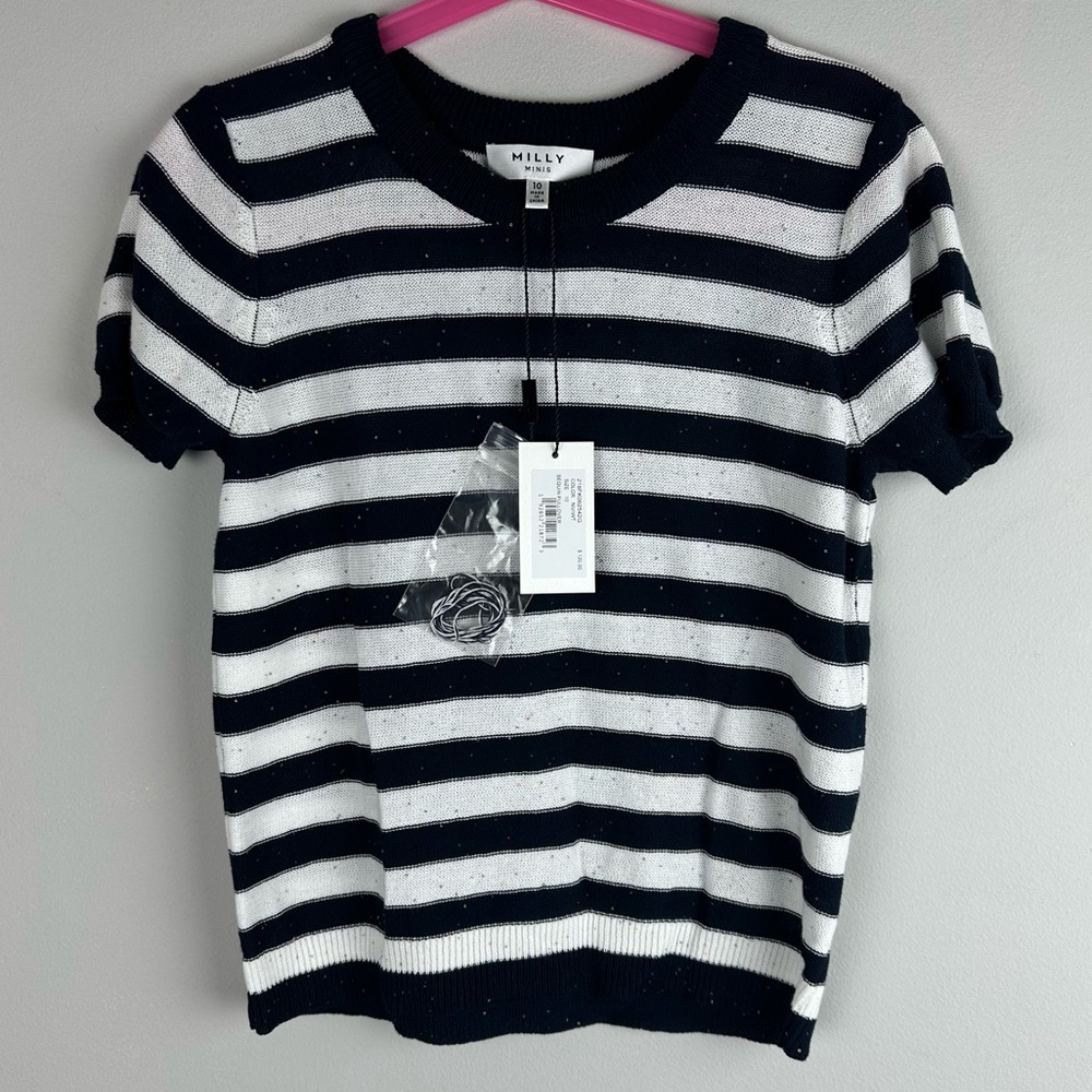 NWT Milly Mini Striped Blue and White Knit Top Sequin Detail Cotton sz 10
